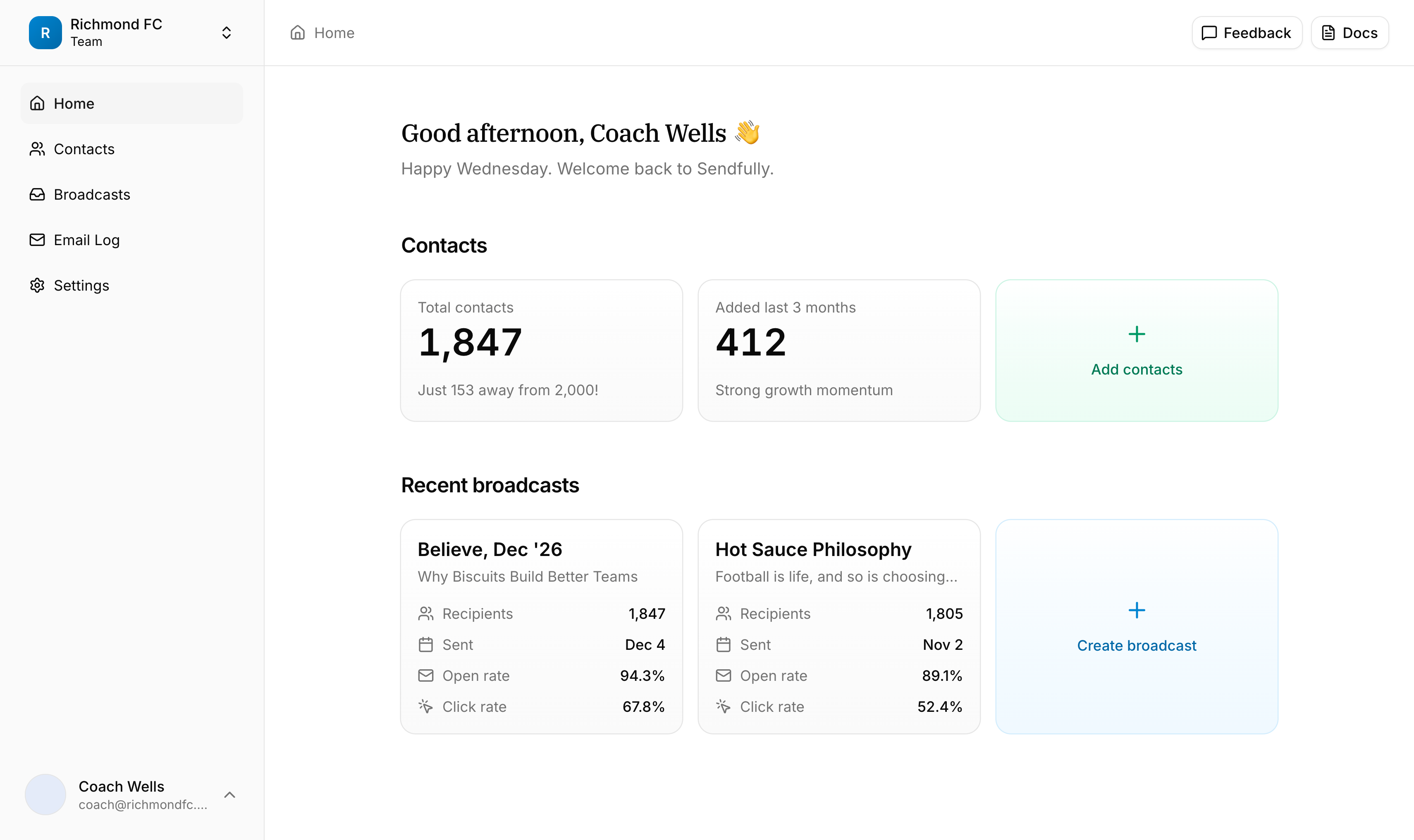 Sendfully dashboard showing contacts and broadcast management