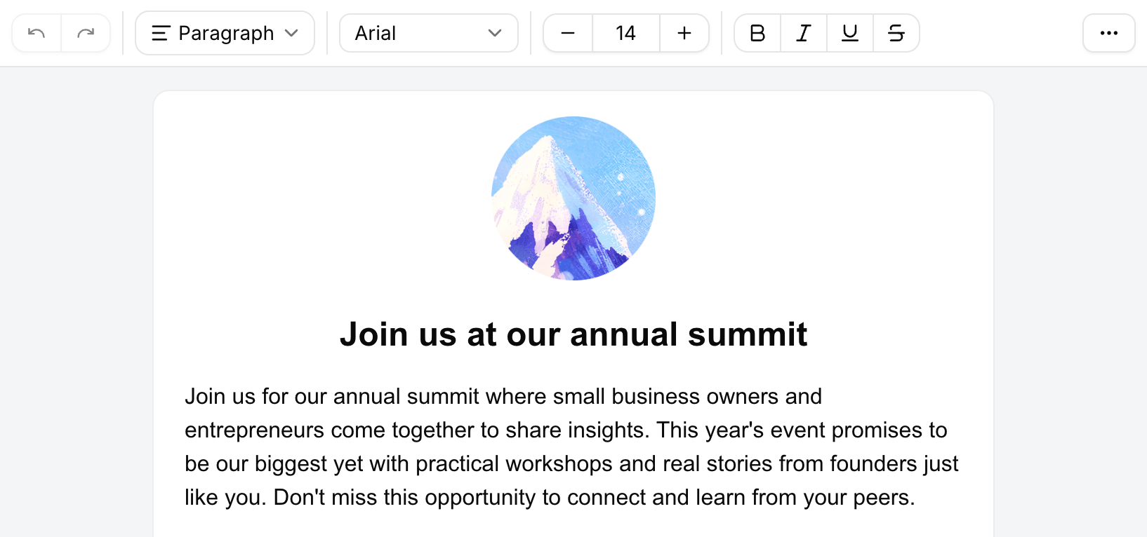 Sendfully's email editor showing a newsletter composed in Arial, with the font picker visible in the toolbar