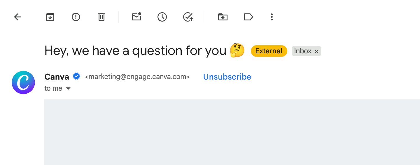 Gmail inbox showing an unsubscribe button next to the sender name, enabled by the List-Unsubscribe header