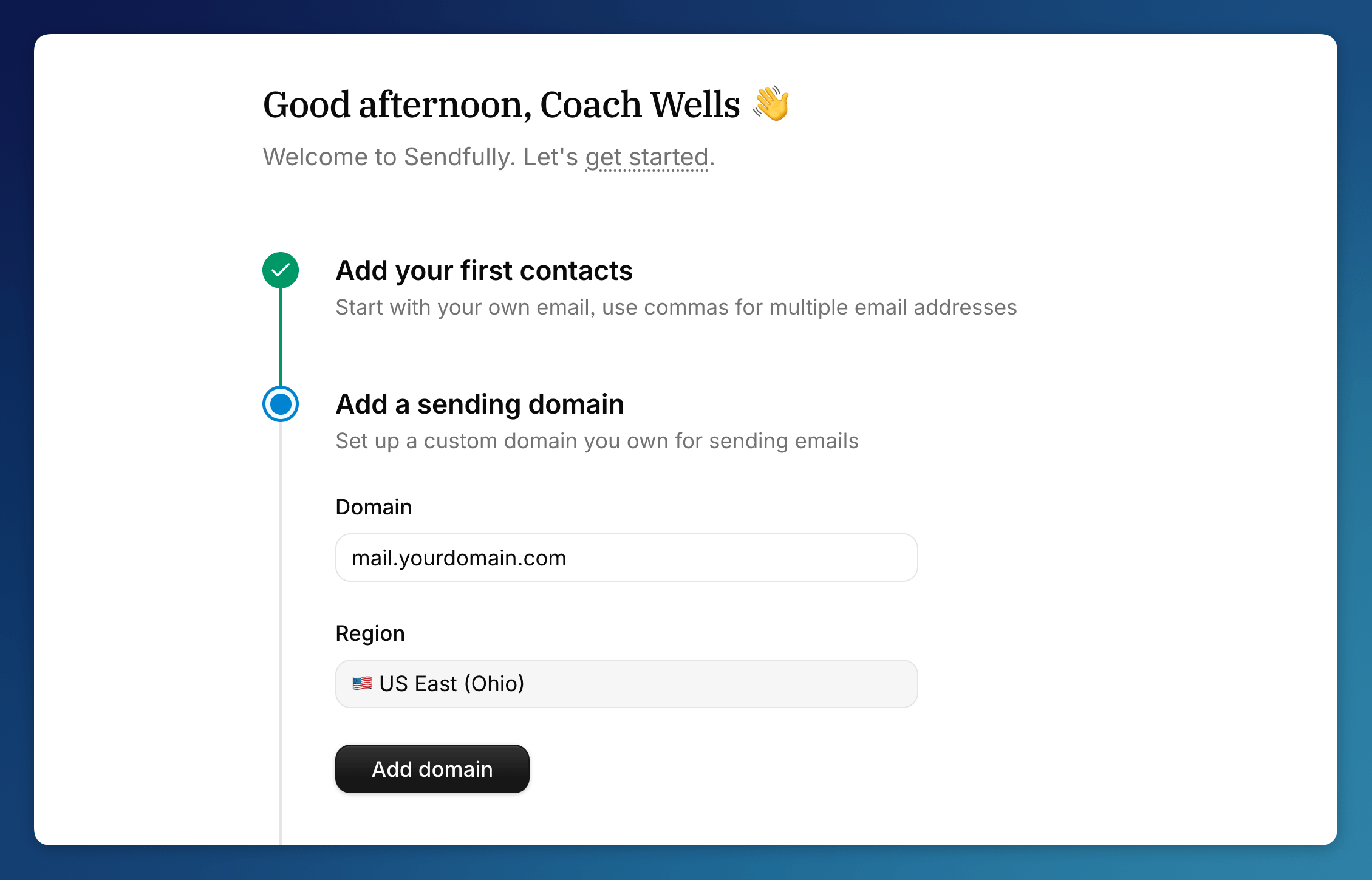 Onboarding checklist showing the add domain step