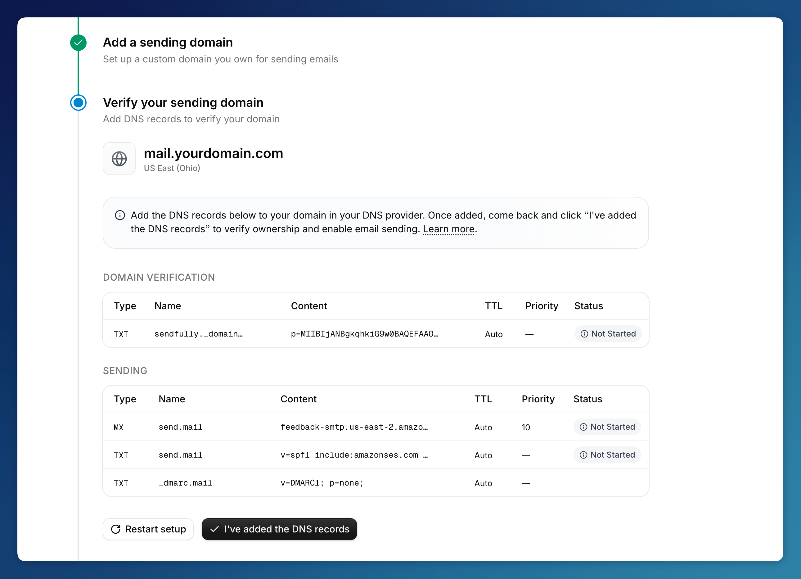 DNS records to add for domain verification