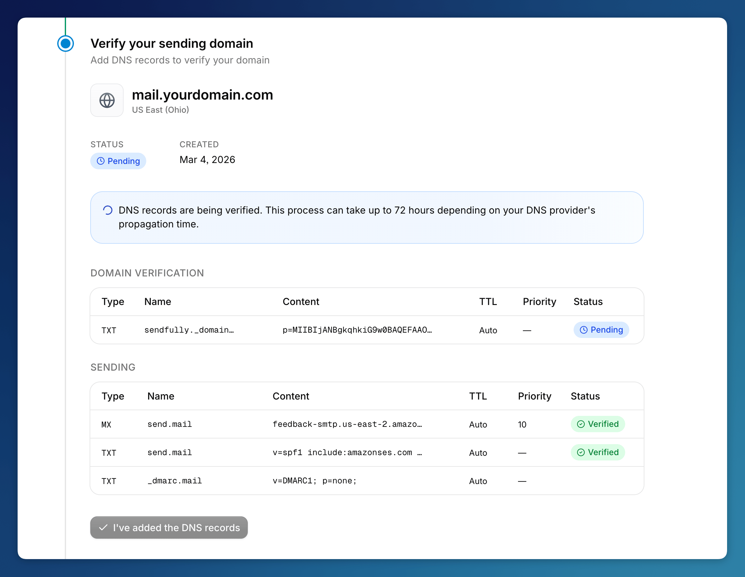Domain verification pending status
