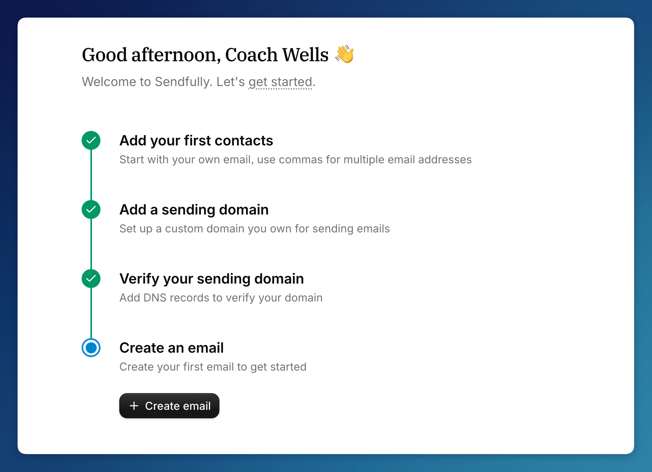 Onboarding checklist showing the create email step