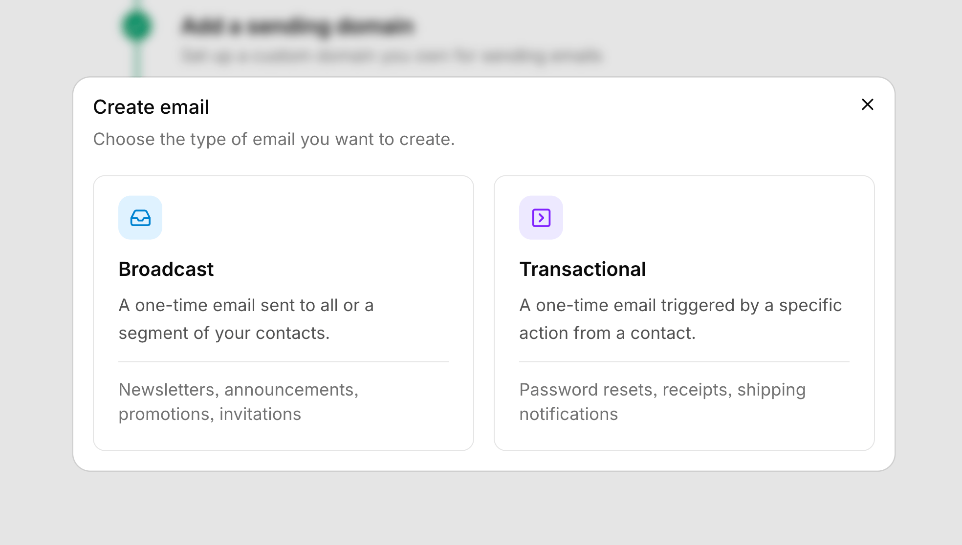 Create email dialog with broadcast and transactional options