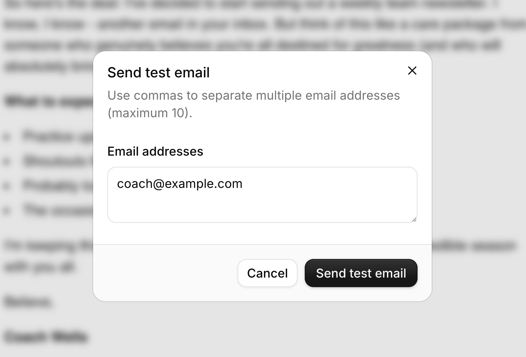 Test email dialog
