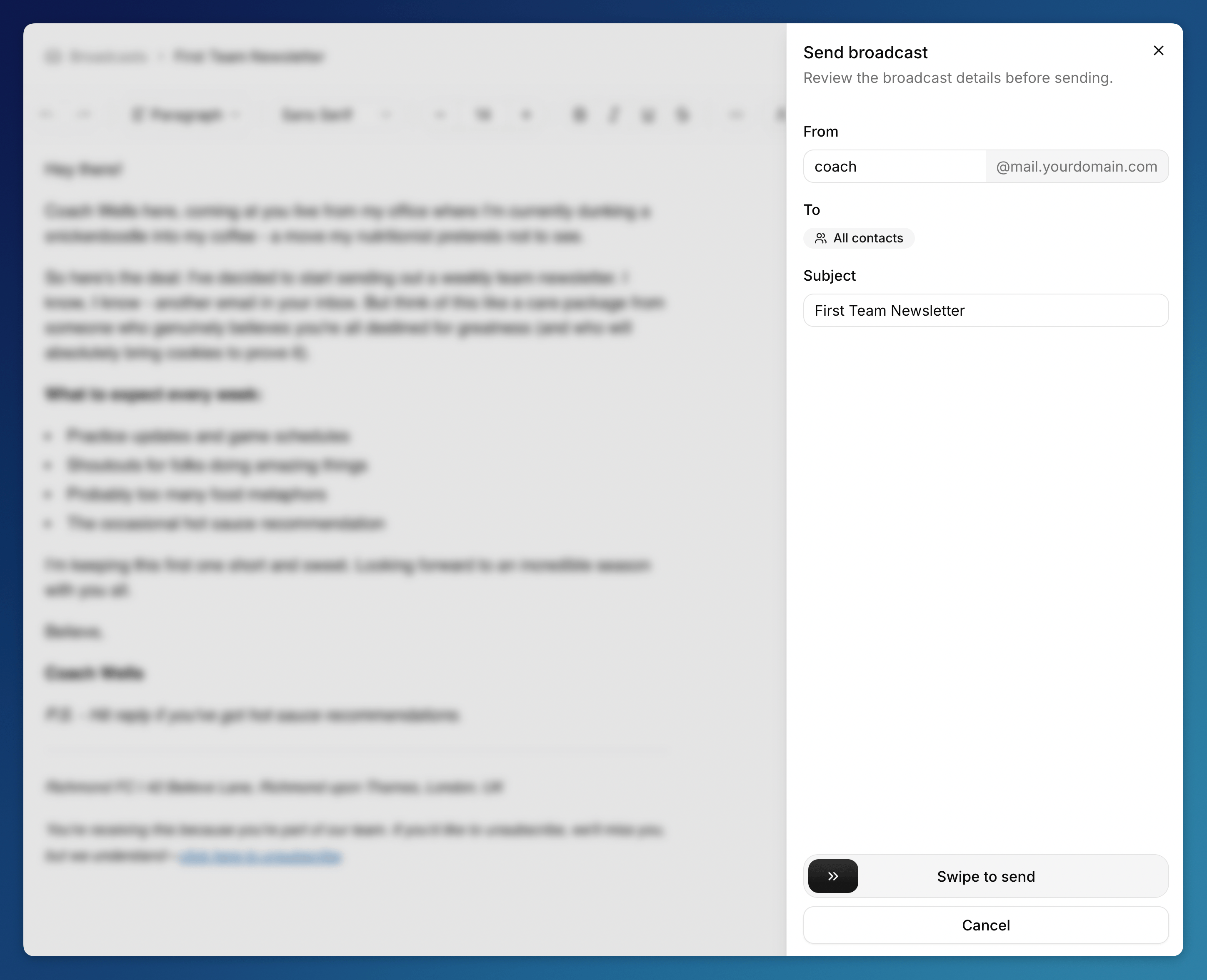 Send broadcast confirmation dialog